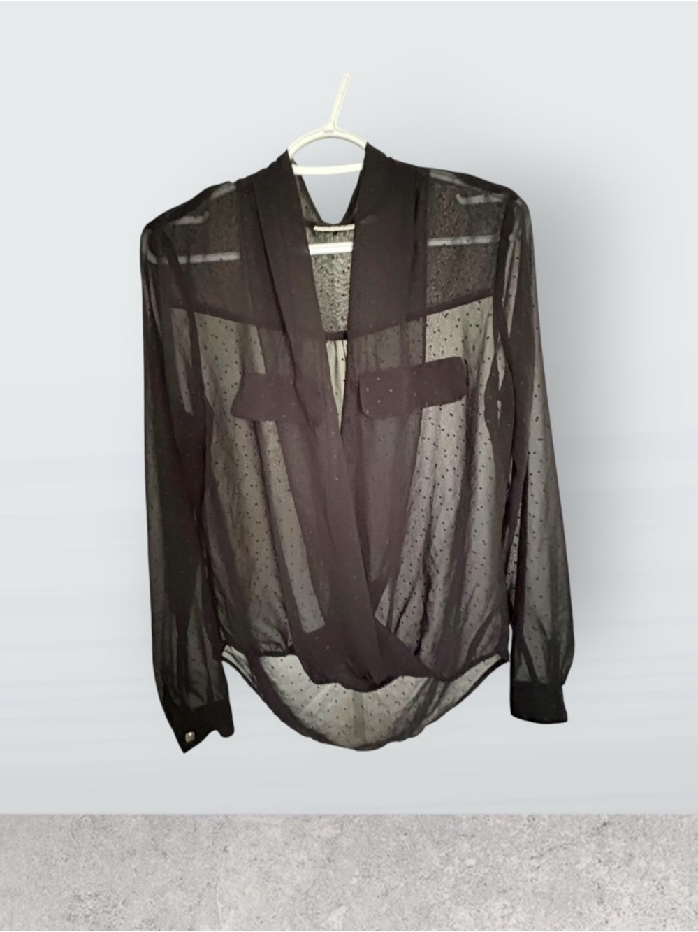 Bisou Bisou vintage Sheer Black Long-Sleeve Dotted wrap Blouse  Gathered Waist M